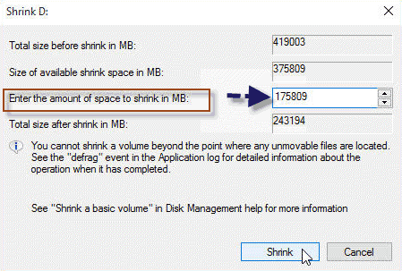enter amount of space to shrink