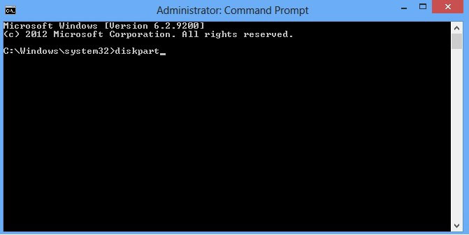 Shows the command prompt window shows that I have typed 'diskpart'