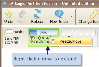 right click server c drive to extend