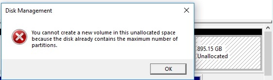 cannot create a new volume in unallocated space