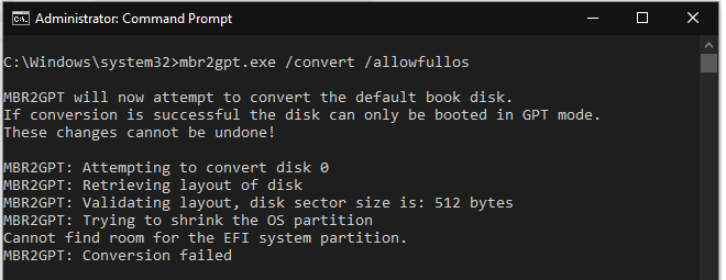 convert mbr gpt cannot find room for efi partition