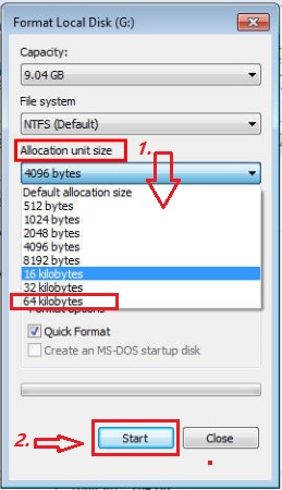 change cluster size by formatting disk and choose unit size