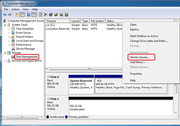 unallocated space to create new partition