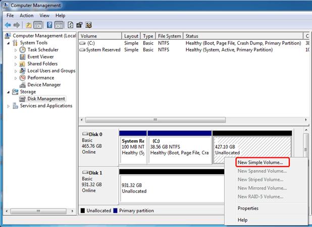 unallocated space to create new partition