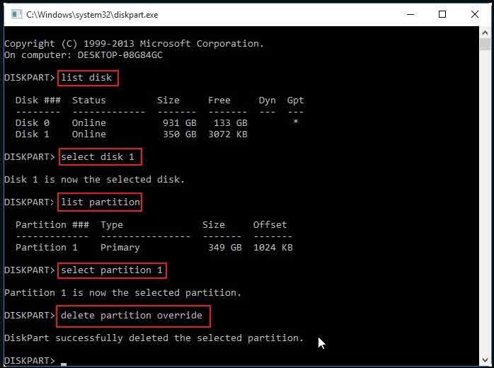 delete partition diskpart override command
