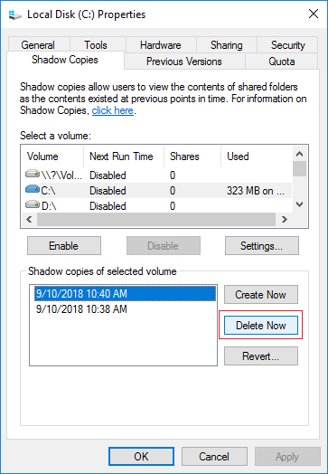 delete shadow copy on server 2022