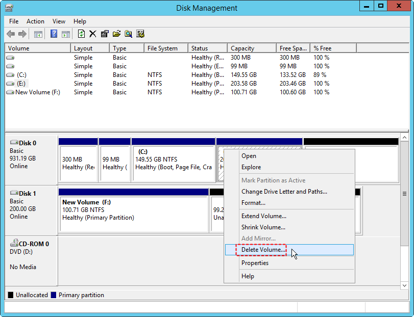 delete volume to extend disk space