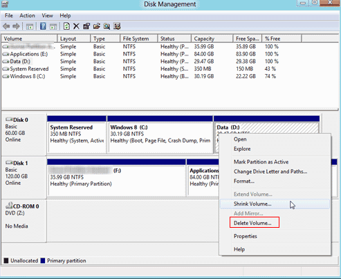 Server 2008 disk management to manage the partitions