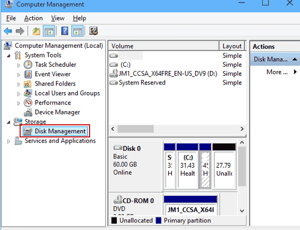 Merge partitions with disk management tool