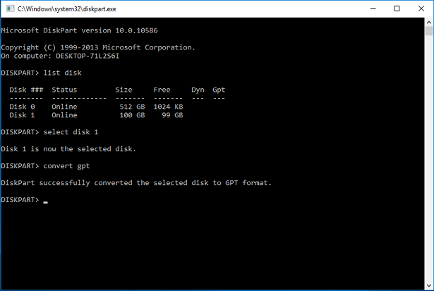 convert disk gpt diskpart cmd