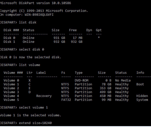 diskpart extend volume