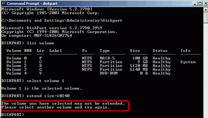 diskpart failed to extend volume windows 10