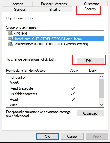 Edit security permissions
