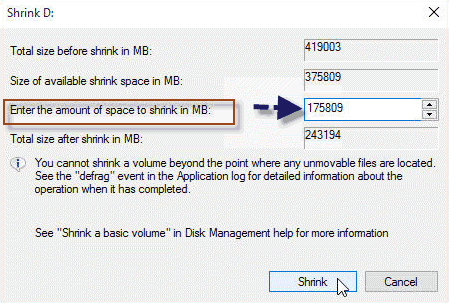 Shrink D drive by disk management