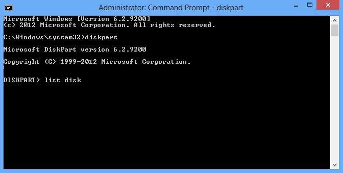 Shows the command prompt window and that I have typed 'list disk'