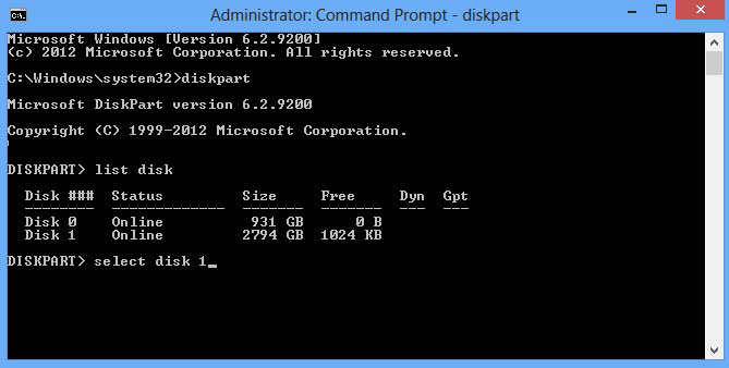 Shows the command prompt window and that I have typed 'select disk 1'