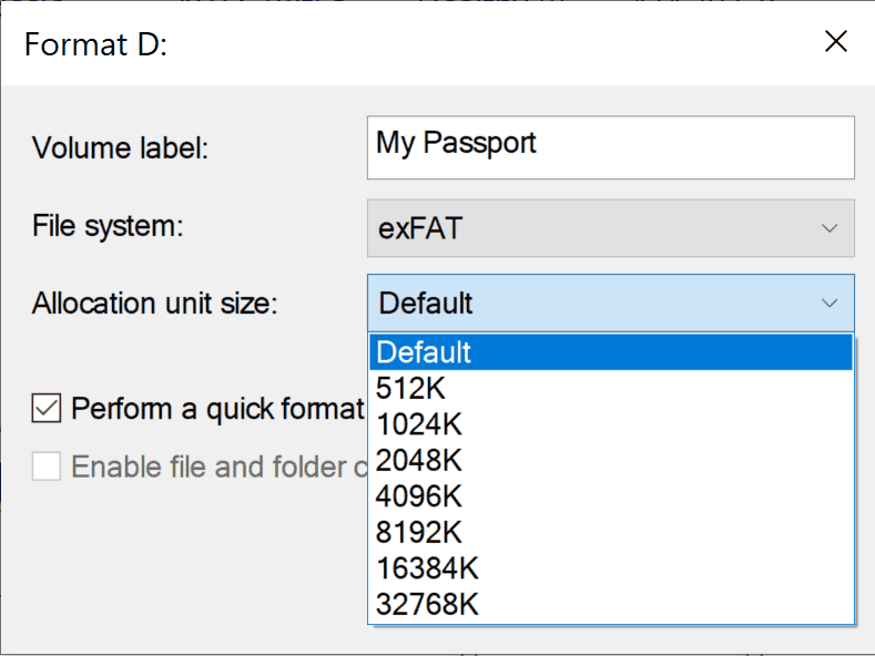 EXFAT Unit Size Formatting