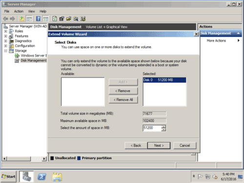 add space to extend volume disk management