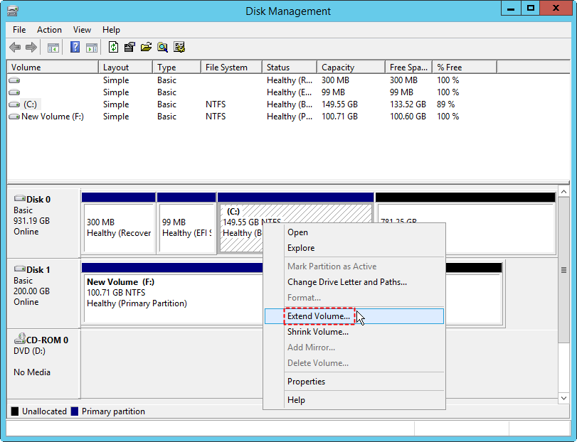 extend volume c drive disk management