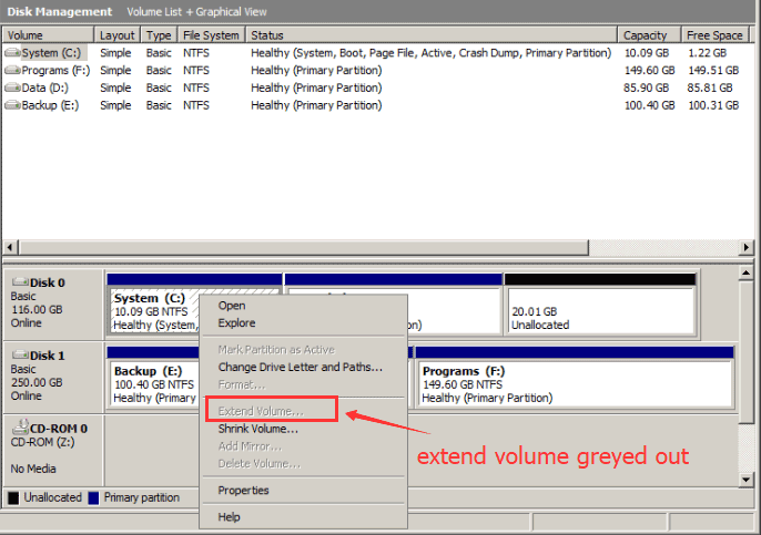 Extend volume greyed out at Disk Management