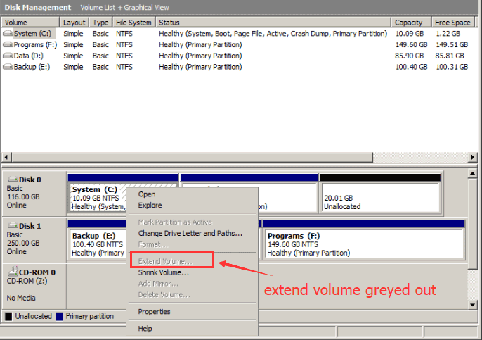 Extend Volume Greyed Out