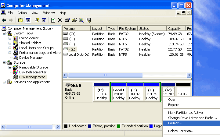 Format partition in disk management