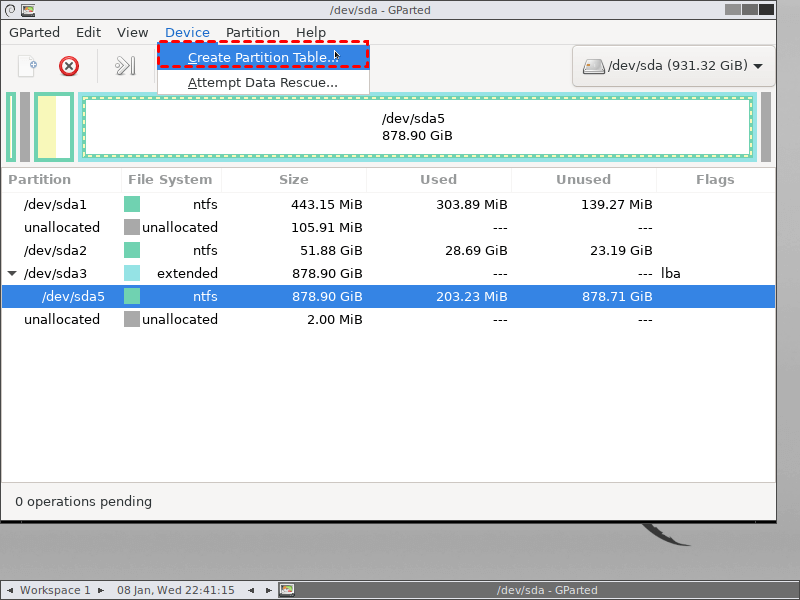 create new partition option