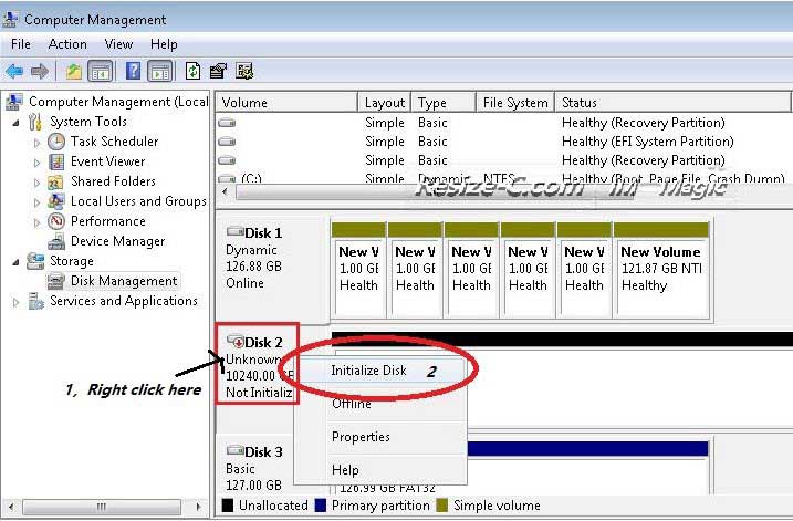 initialize disk to create new partition