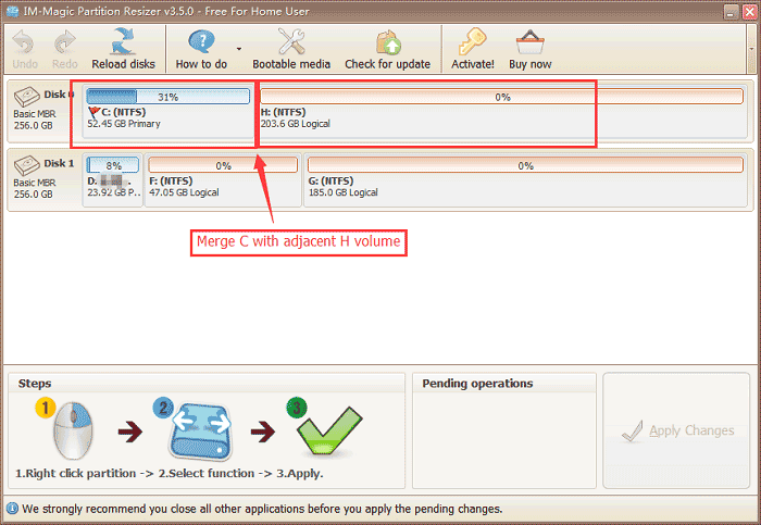 Step 1 for partition magic software to merge partitions for Windows 7/8/10