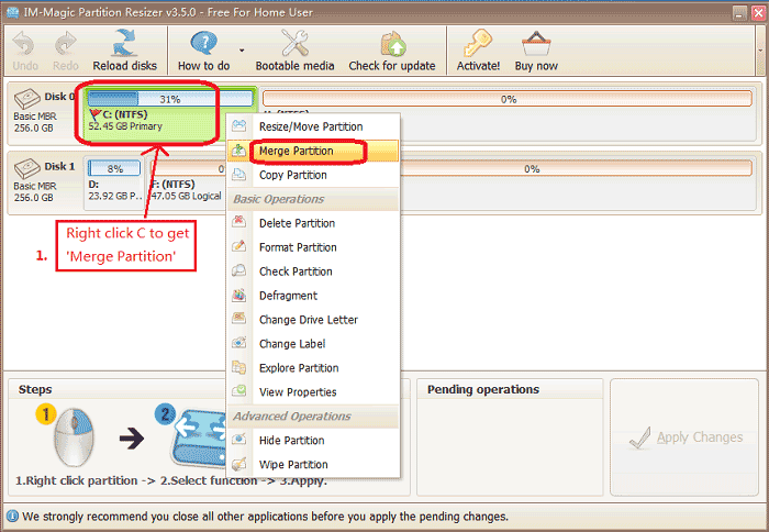 Step 1 for partition magic software to merge partitions for Windows 7/8/10