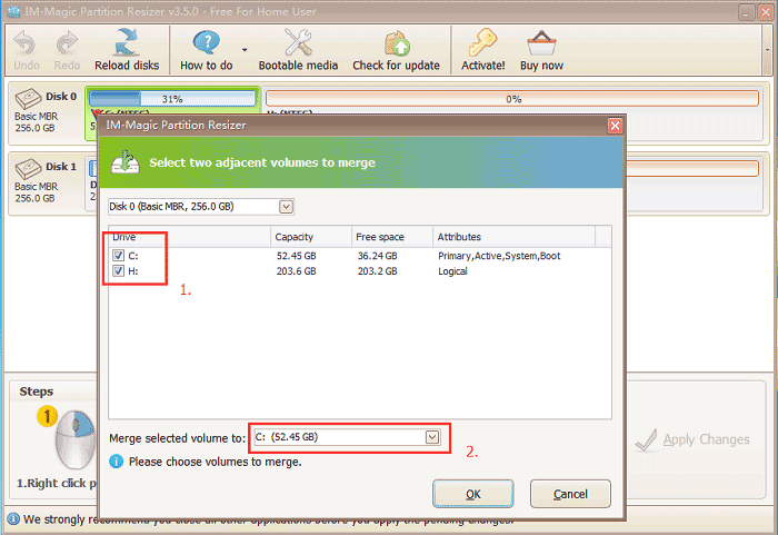 Step 2 for partition magic software to merge partitions for Windows 7/8/10