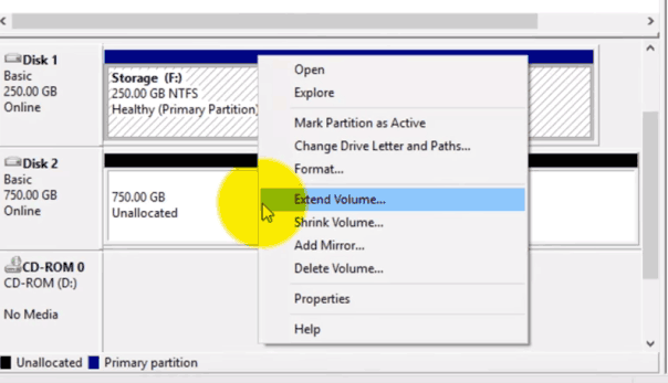 Merge unallocated space with Disk Management on Windows server 2008