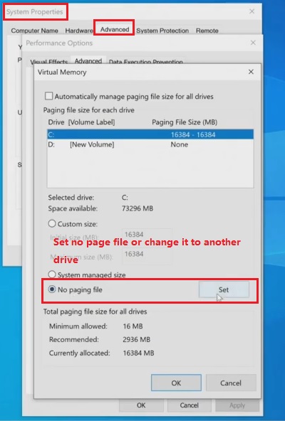 move page files from c to another or save no page file on c drive