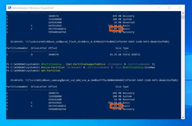 Extend Partition using PowerShell in Windows 10