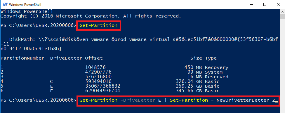 change drive letter powershell