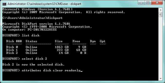Remove write protection with diskpart command prompt