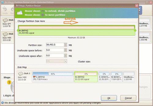 Steps to shrink partitions in Windows server