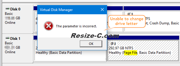 parameter incorrect chagne drive letter