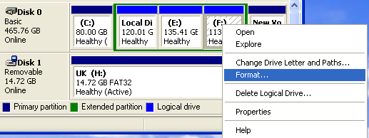 uso de administración de disco en Windows XP